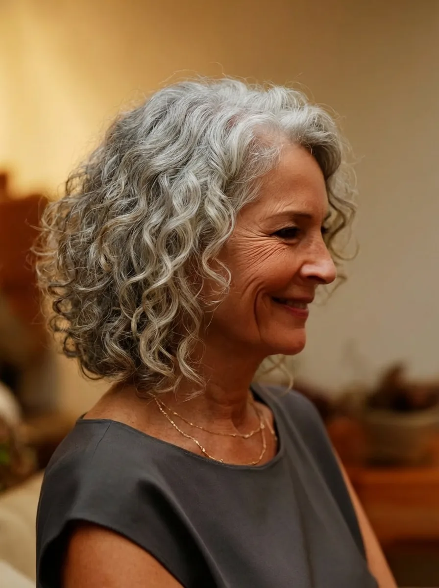 High-Volume Curly Silver Frost Chin-Length Bob